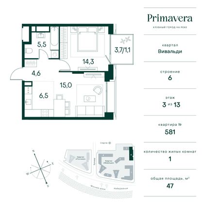 47 м², 1-комн. квартира, 3/13 этаж