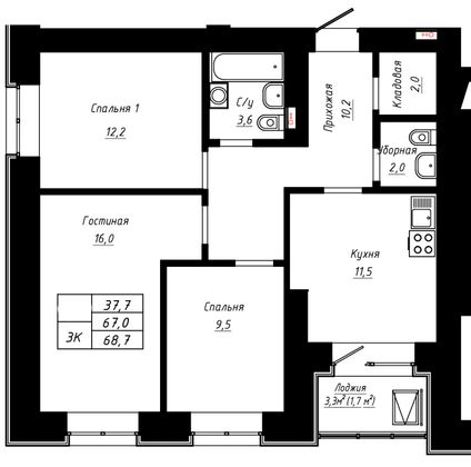 Продажа 3-комнатной квартиры 68,7 м², 8/16 этаж