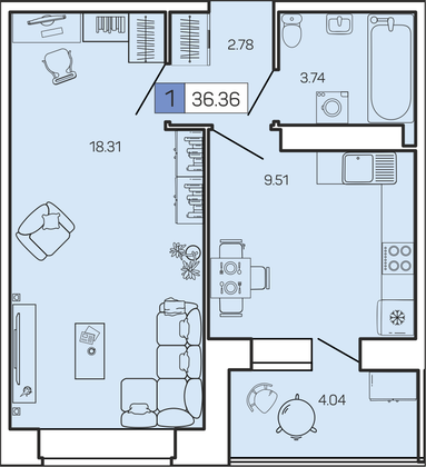 36,4 м², 1-комн. квартира, 16/16 этаж