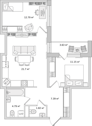 61,9 м², 2-комн. квартира, 19/21 этаж