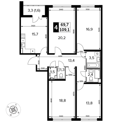 109,1 м², 4-комн. квартира, 18/24 этаж