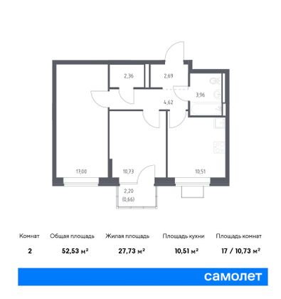 52,5 м², 2-комн. квартира, 6/12 этаж