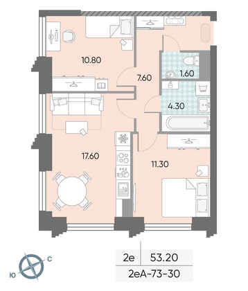 Продажа 2-комнатной квартиры 53,2 м², 30/58 этаж
