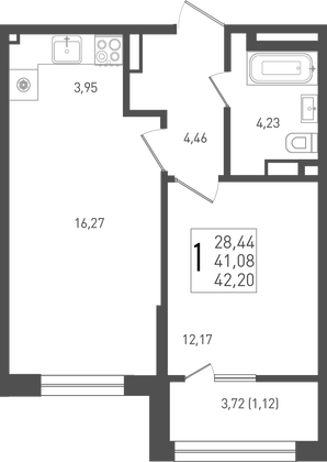 42,2 м², 1-комн. квартира, 2/9 этаж