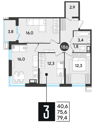 Продажа 3-комнатной квартиры 79,4 м², 14/18 этаж