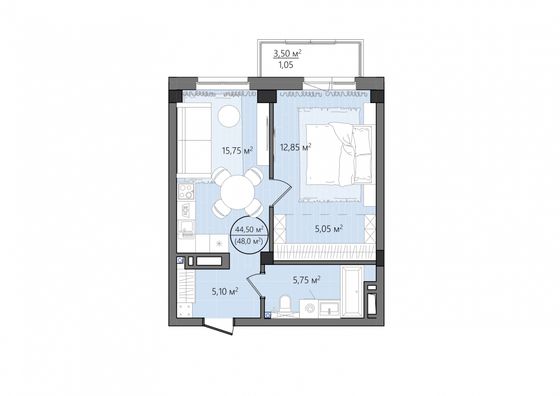 Продажа 2-комнатной квартиры 48 м², 5/25 этаж