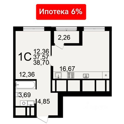 Продажа 1-комнатной квартиры 38,7 м², 23/24 этаж
