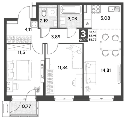 Продажа 3-комнатной квартиры 56,7 м², 3/25 этаж
