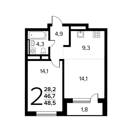 48,5 м², 2-комн. квартира, 12/14 этаж