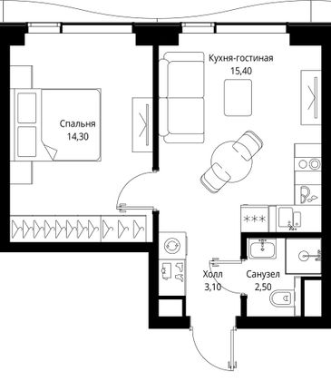 Продажа 1-комнатной квартиры 35,3 м², 43/48 этаж