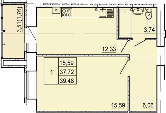 39,5 м², 1-комн. квартира, 9/10 этаж