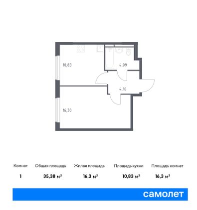 35,4 м², 1-комн. квартира, 14/17 этаж