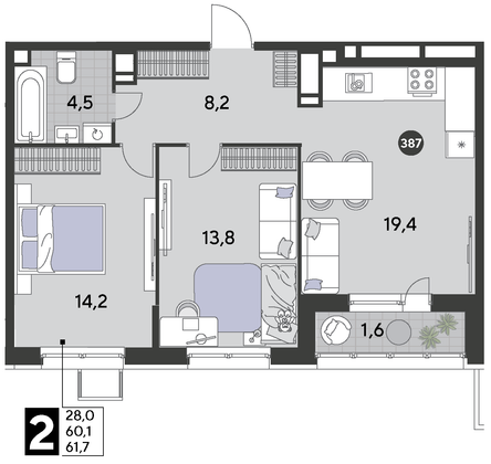 Продажа 2-комнатной квартиры 61,7 м², 16/21 этаж