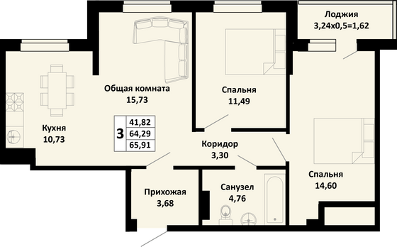 65,9 м², 3-комн. квартира, 4/4 этаж