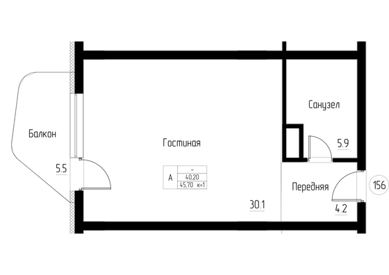 45,7 м², своб. планировка, 4/5 этаж