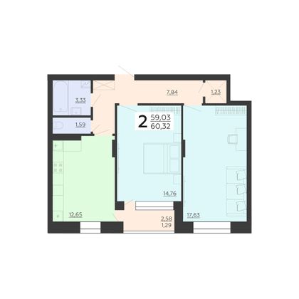 Продажа 2-комнатной квартиры 60,3 м², 9/10 этаж