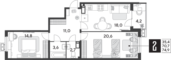 Продажа 2-комнатной квартиры 74,9 м², 12/18 этаж