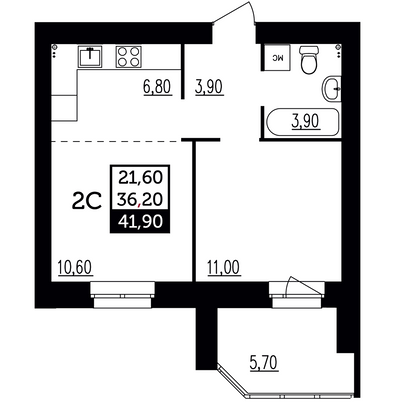 41,9 м², 2-комн. квартира, 4/12 этаж