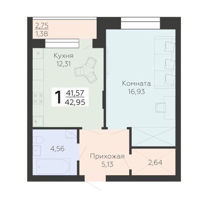 Продажа 1-комнатной квартиры 40,2 м², 2/10 этаж