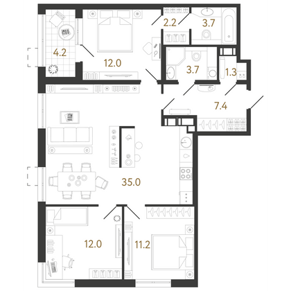 88,5 м², 3-комн. квартира, 14/23 этаж