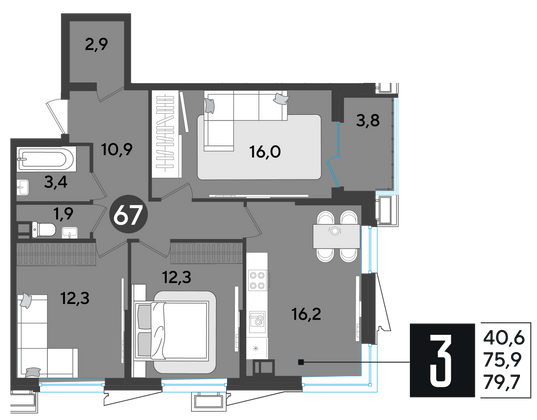 79,7 м², 3-комн. квартира, 9/18 этаж