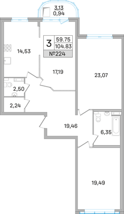 104,8 м², 3-комн. квартира, 6 этаж