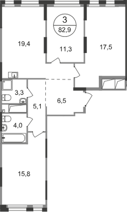 82,9 м², 3-комн. квартира, 8/19 этаж