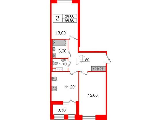 Продажа 2-комнатной квартиры 56,9 м², 5/10 этаж