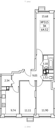 64,5 м², 3-комн. квартира, 6/17 этаж