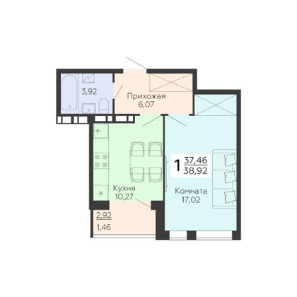 Продажа 1-комнатной квартиры 38,9 м², 12/18 этаж