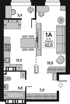 44 м², 1-комн. квартира, 3/18 этаж