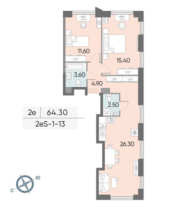 Продажа 2-комнатной квартиры 64,3 м², 13/58 этаж
