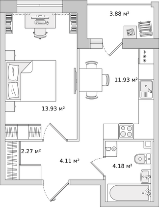 35,7 м², 1-комн. квартира, 6/15 этаж