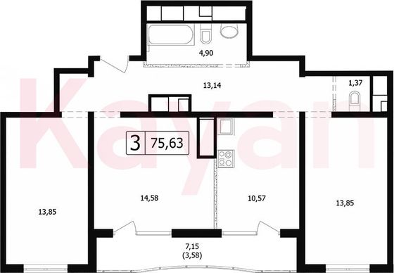 Продажа 3-комнатной квартиры 68,1 м², 22/24 этаж