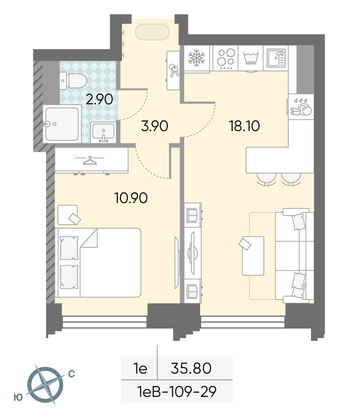 35,8 м², 1-комн. квартира, 29/58 этаж