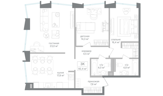 Продажа 3-комнатной квартиры 92,4 м², 22/25 этаж