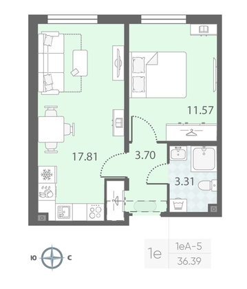 Продажа 1-комнатной квартиры 36,4 м², 2/23 этаж