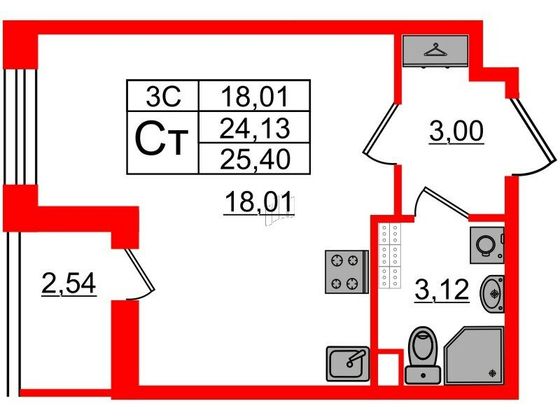 Продажа квартиры-студии 24,1 м², 5/5 этаж