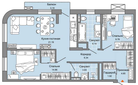 70 м², 3-комн. квартира, 6/8 этаж