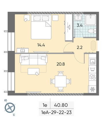 Продажа 1-комнатной квартиры 40,8 м², 23/28 этаж