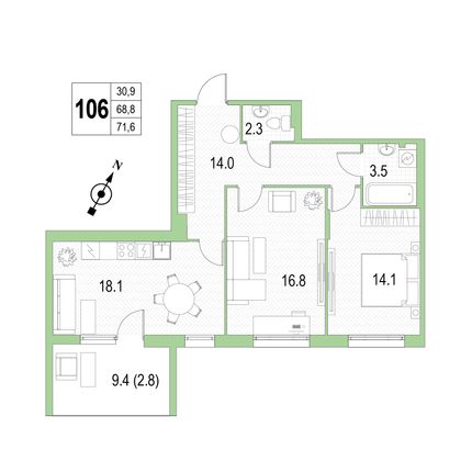 Продажа 2-комнатной квартиры 71,6 м², 4/4 этаж
