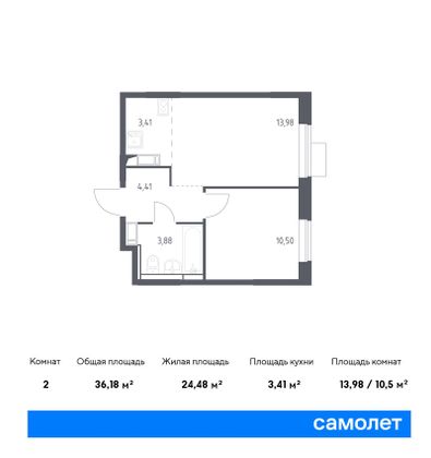 36,2 м², 1-комн. квартира, 6/12 этаж