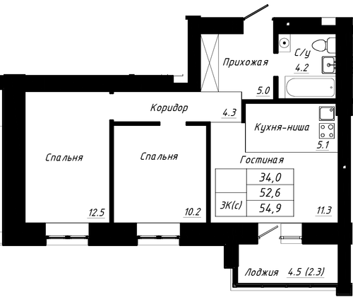 Продажа 3-комнатной квартиры 54,9 м², 2/10 этаж