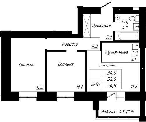 54,9 м², 3-комн. квартира, 2/10 этаж