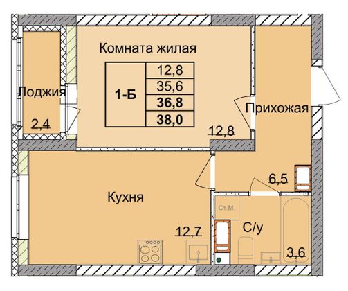 Продажа 1-комнатной квартиры 36,8 м², 7/18 этаж