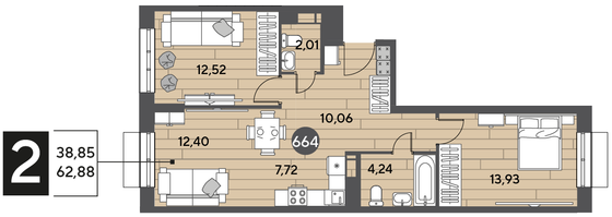 Продажа 2-комнатной квартиры 62,9 м², 3/15 этаж
