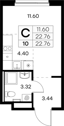 22,8 м², студия, 1/9 этаж