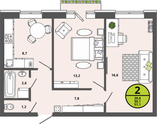 Продажа 2-комнатной квартиры 50,1 м², 2/3 этаж