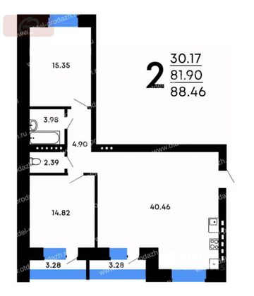 Продажа 2-комнатной квартиры 88,5 м², 2/3 этаж