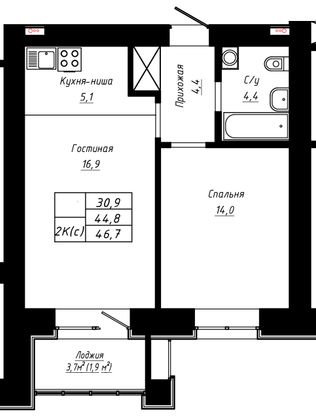 Продажа 2-комнатной квартиры 46,7 м², 4/16 этаж